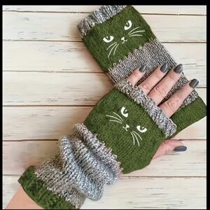 Cat-Themed Knitted Fingerless Gloves Pick One